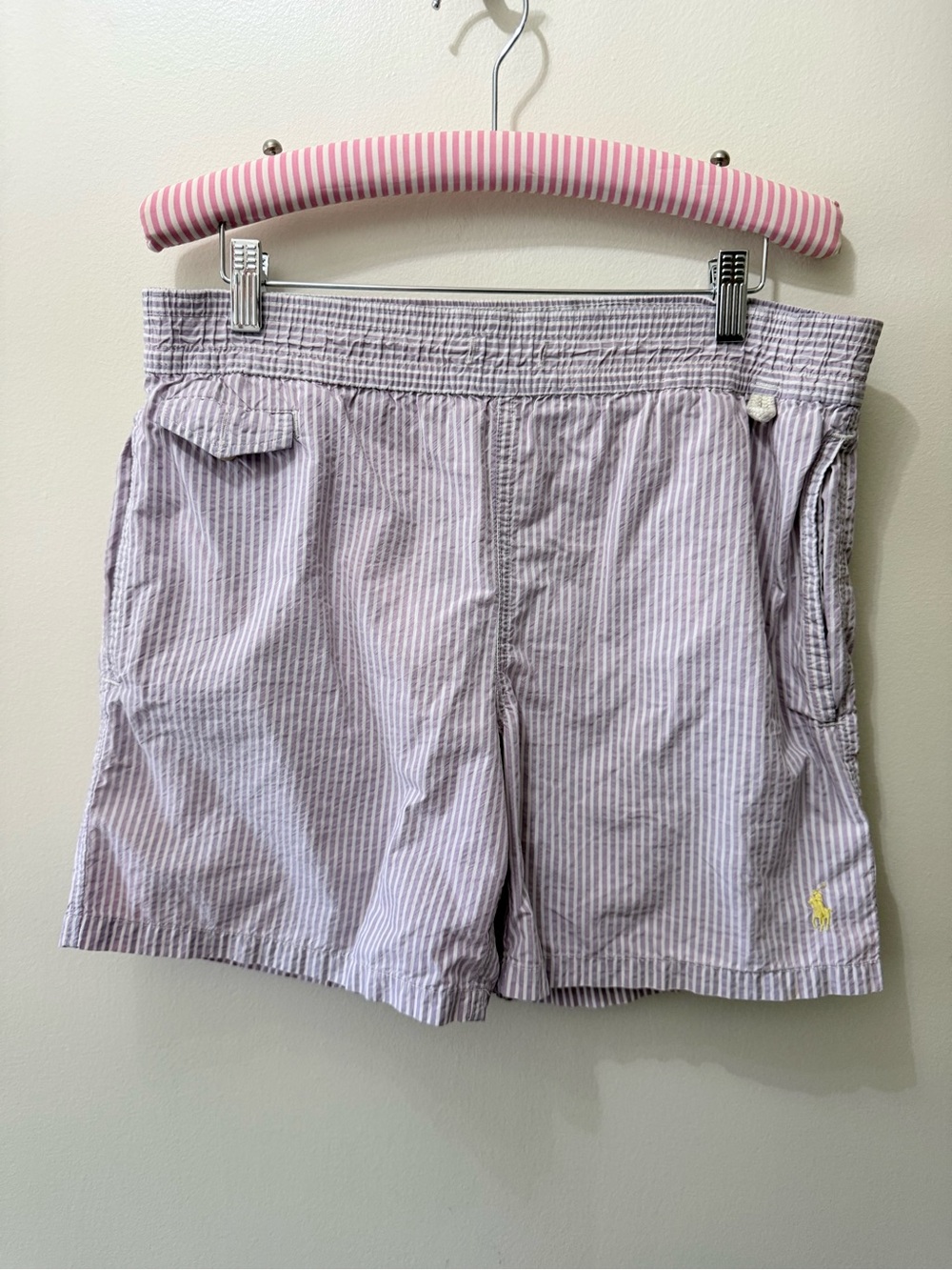Polo Ralph Lauren Men's Swim Shorts Swimsuit Seersucker Pony Logo Purple White S
